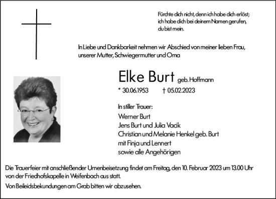 Traueranzeige von Elke Burt von Hinterländer Anzeiger