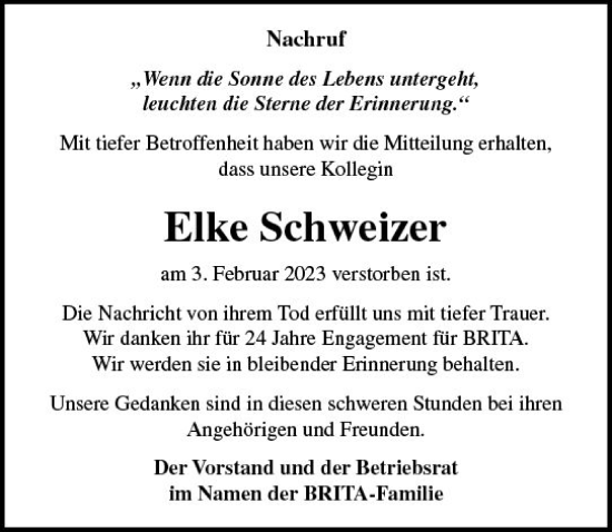 Traueranzeige von Elke Schweizer von Wiesbadener Kurier