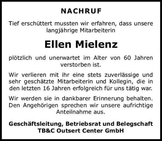 Traueranzeige von Ellen Mielenz von Dill Block