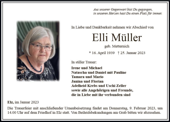 Traueranzeige von Elli Müller von Nassauische Neue Presse
