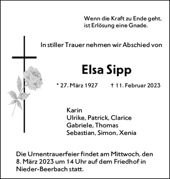 Traueranzeige von Elsa Sipp von Darmstädter Echo