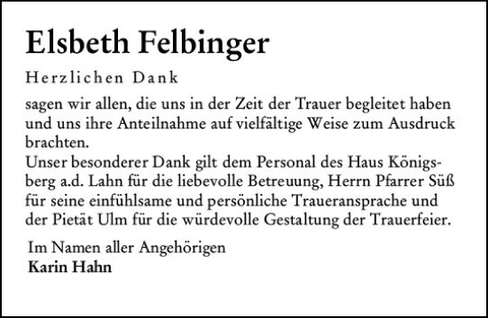Traueranzeige von Elsbeth Felbinger von Wetzlarer Neue Zeitung