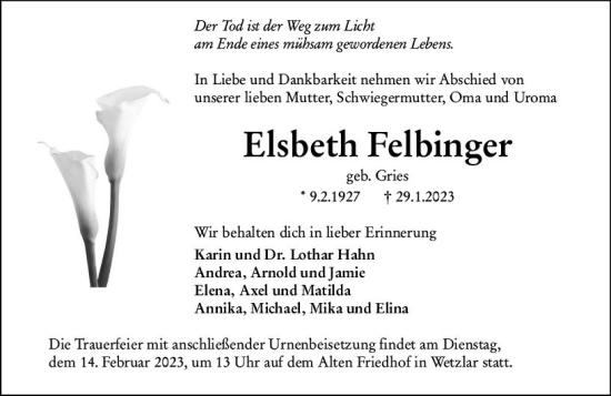 Traueranzeige von Elsbeth Felbinger von Wetzlarer Neue Zeitung