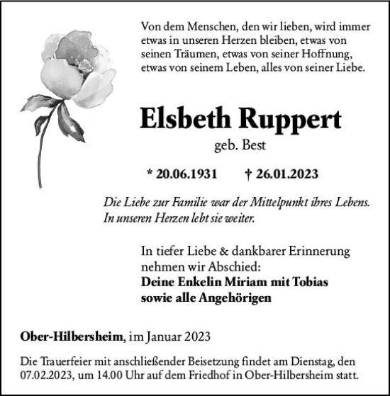 Traueranzeige von Elsbeth Ruppert von Allgemeine Zeitung Ingelheim-Bingen