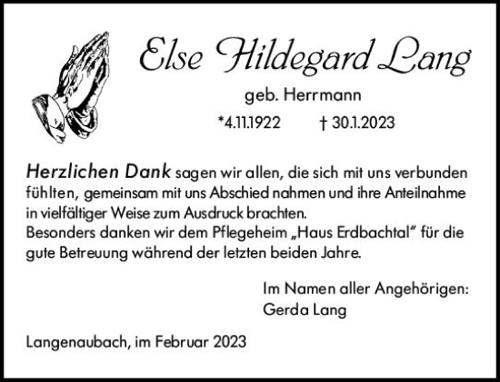 Traueranzeige von Else Hildegard Lang von Dill Block