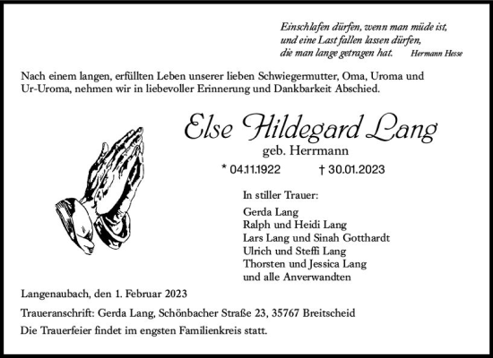 Traueranzeige von Else Hildegard Lang von Dill Block