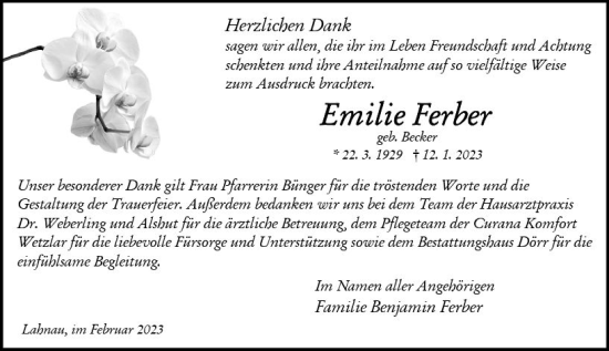 Traueranzeige von Emilie Ferber von Wetzlarer Neue Zeitung