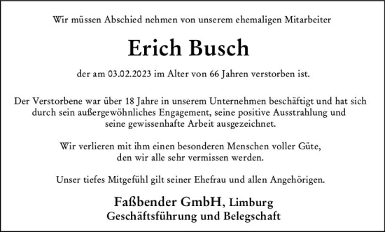 Traueranzeige von Erich Busch von Nassauische Neue Presse
