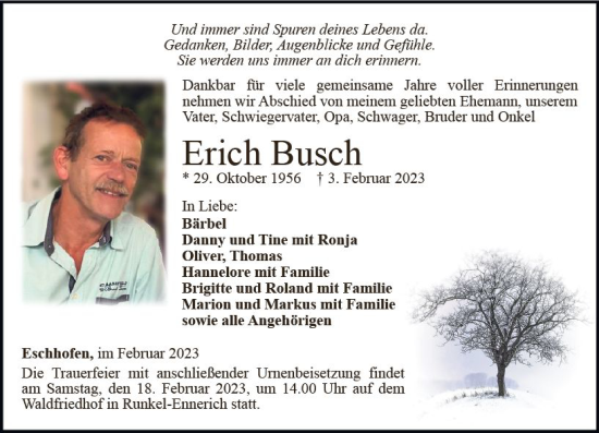 Traueranzeige von Erich Busch von Nassauische Neue Presse