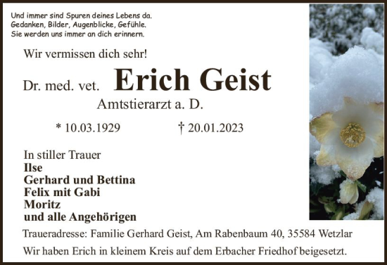 Traueranzeige von Erich Geist von Odenwälder Echo