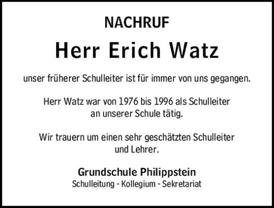 Traueranzeige von Erich Watz von Wetzlarer Neue Zeitung
