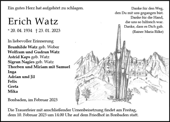 Traueranzeige von Erich Watz von Wetzlarer Neue Zeitung