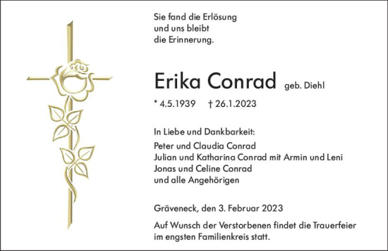 Traueranzeige von Erika Conrad von Weilburger Tageblatt