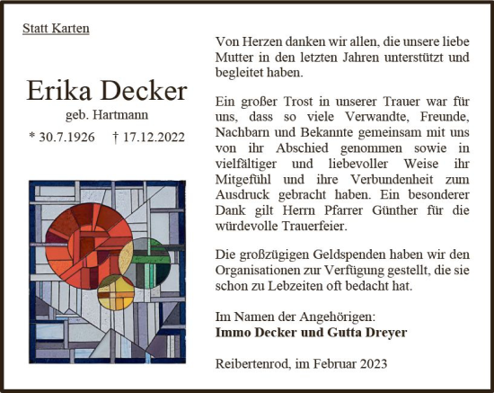 Traueranzeige von Erika Decker von OK Oberhessen Kurier