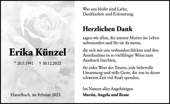 Traueranzeige von Erika Künzel von Weilburger Tageblatt