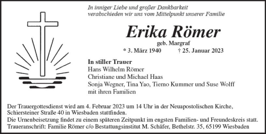 Traueranzeige von Erika Römer von Wiesbadener Kurier gesamt