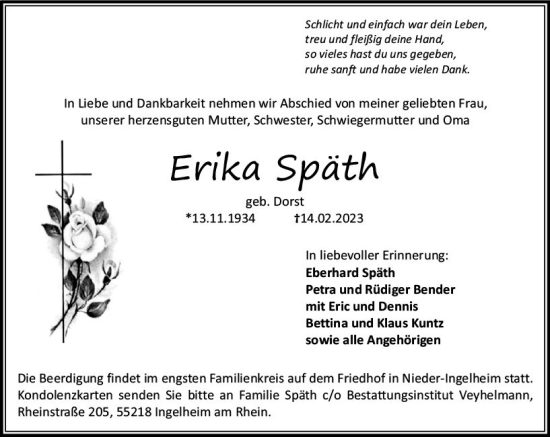 Traueranzeige von Erika Späth von Allgemeine Zeitung Bingen/Ingelheim