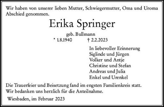Traueranzeige von Erika Springer von Wiesbadener Kurier