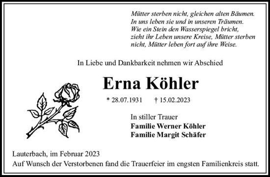 Traueranzeige von Erna Köhler von VRM Trauer