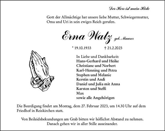 Traueranzeige von Erna Watz von Wetzlarer Neue Zeitung