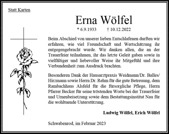 Traueranzeige von Erna Wölfel von OK Oberhessen Kurier