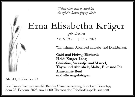 Traueranzeige von Erna Elisabetha Krüger von VRM Trauer