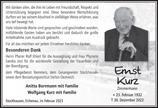 Traueranzeige von Ernst Kurz von VRM Trauer
