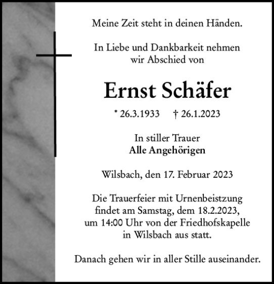 Traueranzeige von Ernst Schäfer von Wetzlarer Neue Zeitung
