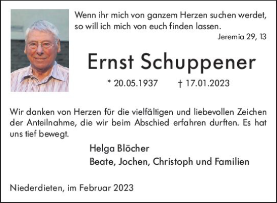 Traueranzeige von Ernst Schuppener von Hinterländer Anzeiger