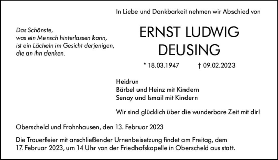 Traueranzeige von Ernst Ludwig Deusing von Dill Block