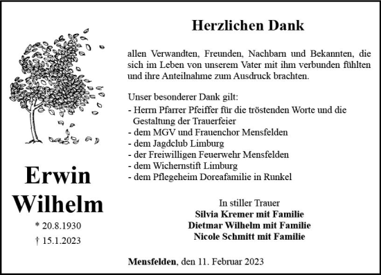 Traueranzeige von Erwin Wilhelm von Nassauische Neue Presse