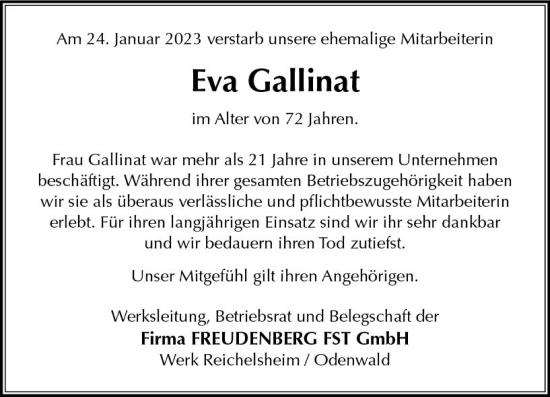 Traueranzeige von Eva Gallinat von Odenwälder Echo