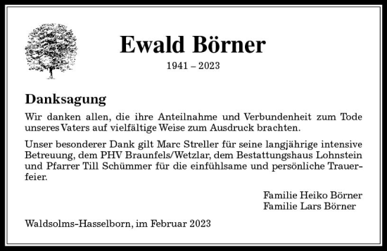 Traueranzeige von Ewald Börner von Wetzlarer Neue Zeitung