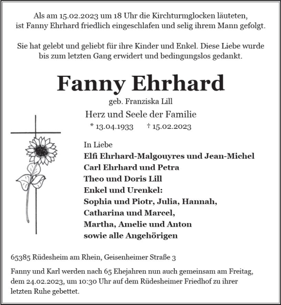 Traueranzeige von Fanny Ehrhard von Rheingau Kurier