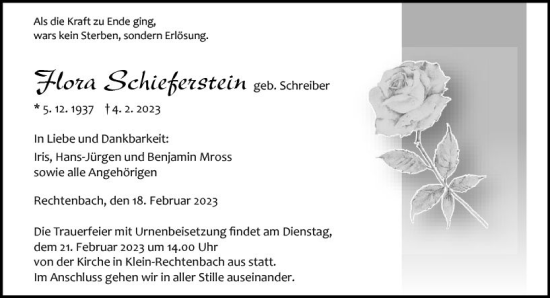 Traueranzeige von Flora Schieferstein von Wetzlarer Neue Zeitung