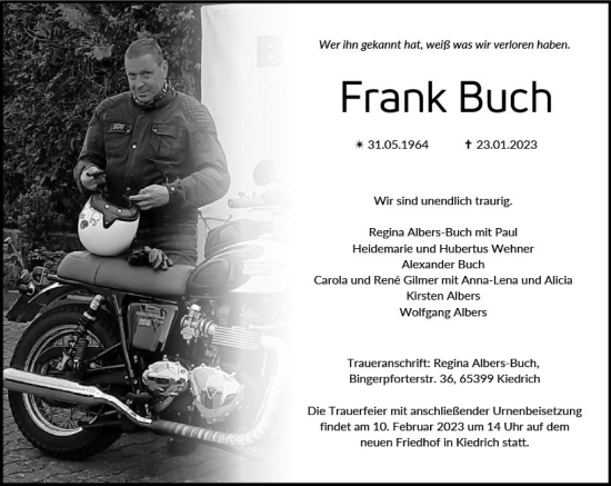Traueranzeige von Frank Buch von WK Rheingau