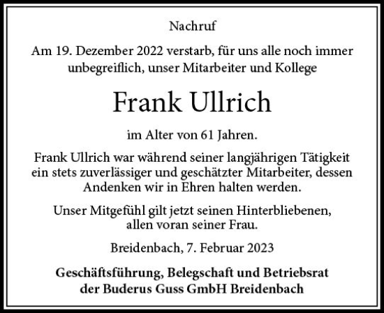 Traueranzeige von Frank Ullrich von Hinterländer Anzeiger