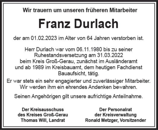 Traueranzeige von Franz Durlach von Groß-Gerauer Echo