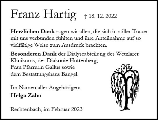 Traueranzeige von Franz Hartig von Wetzlarer Neue Zeitung