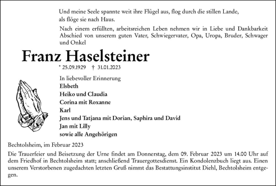 Traueranzeige von Franz Haselsteinen von Allgemeine Zeitung Alzey