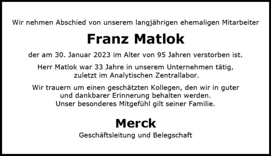 Traueranzeige von Franz Matlok von Darmstädter Echo
