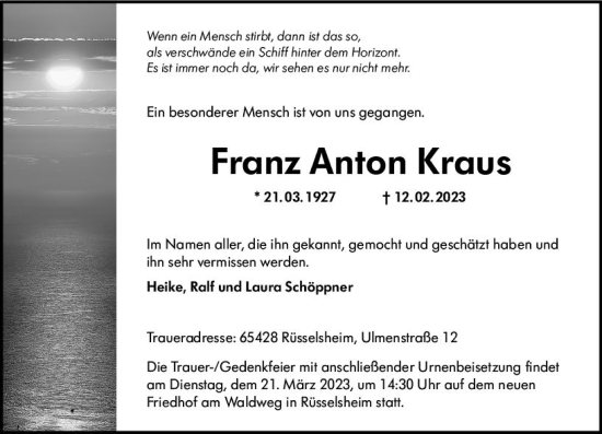 Traueranzeige von Franz Anton Kraus von Rüsselsheimer Echo