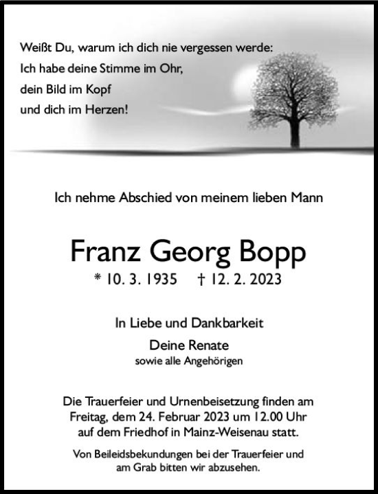 Traueranzeige von Franz Georg Bopp von Allgemeine Zeitung Mainz