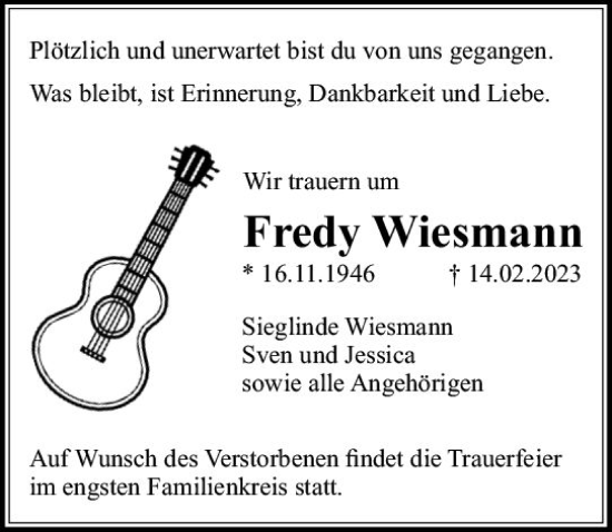 Traueranzeige von Fredy Wiesmann von Rüsselsheimer Echo