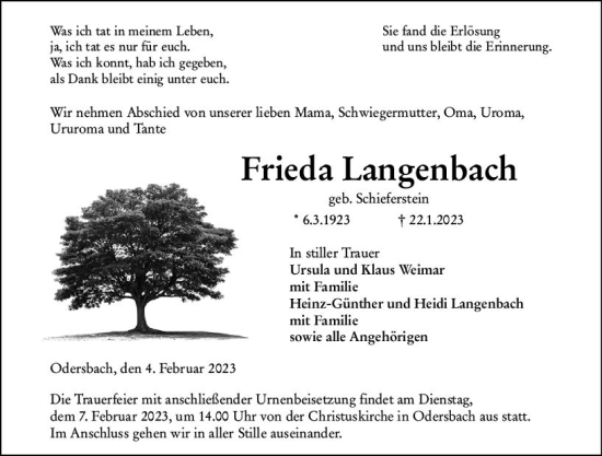 Traueranzeige von Frieda Langenbach von Weilburger Tageblatt