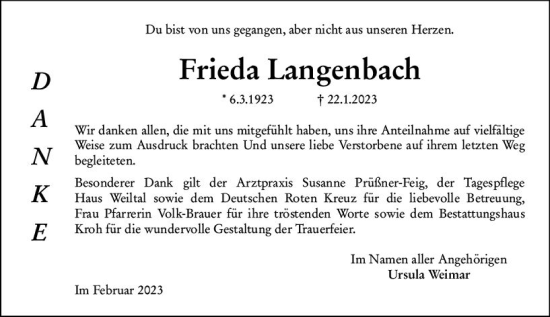 Traueranzeige von Frieda Langenbach von Weilburger Tageblatt
