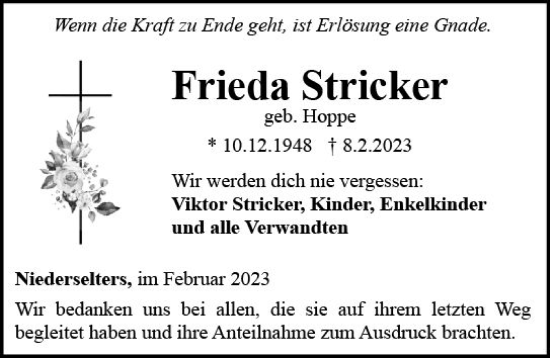 Traueranzeige von Frieda Stricker von Camberger Anzeiger