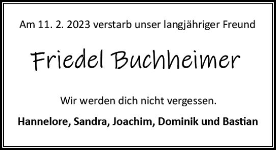 Traueranzeige von Friedel Buchheimer von Odenwälder Echo
