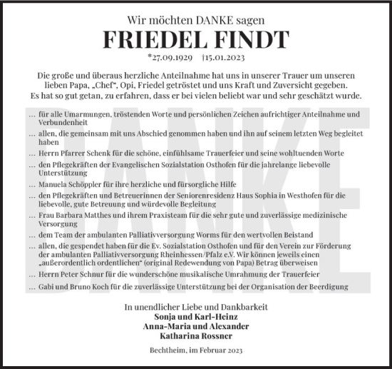 Traueranzeige von Friedel Findt von Wormser Zeitung