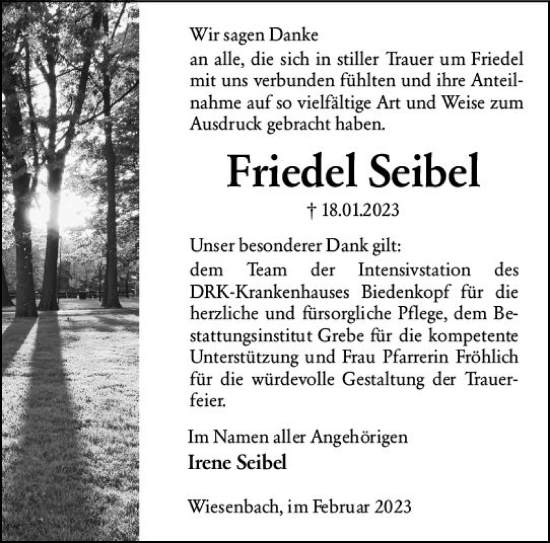 Traueranzeige von Friedel Seibel von Hinterländer Anzeiger